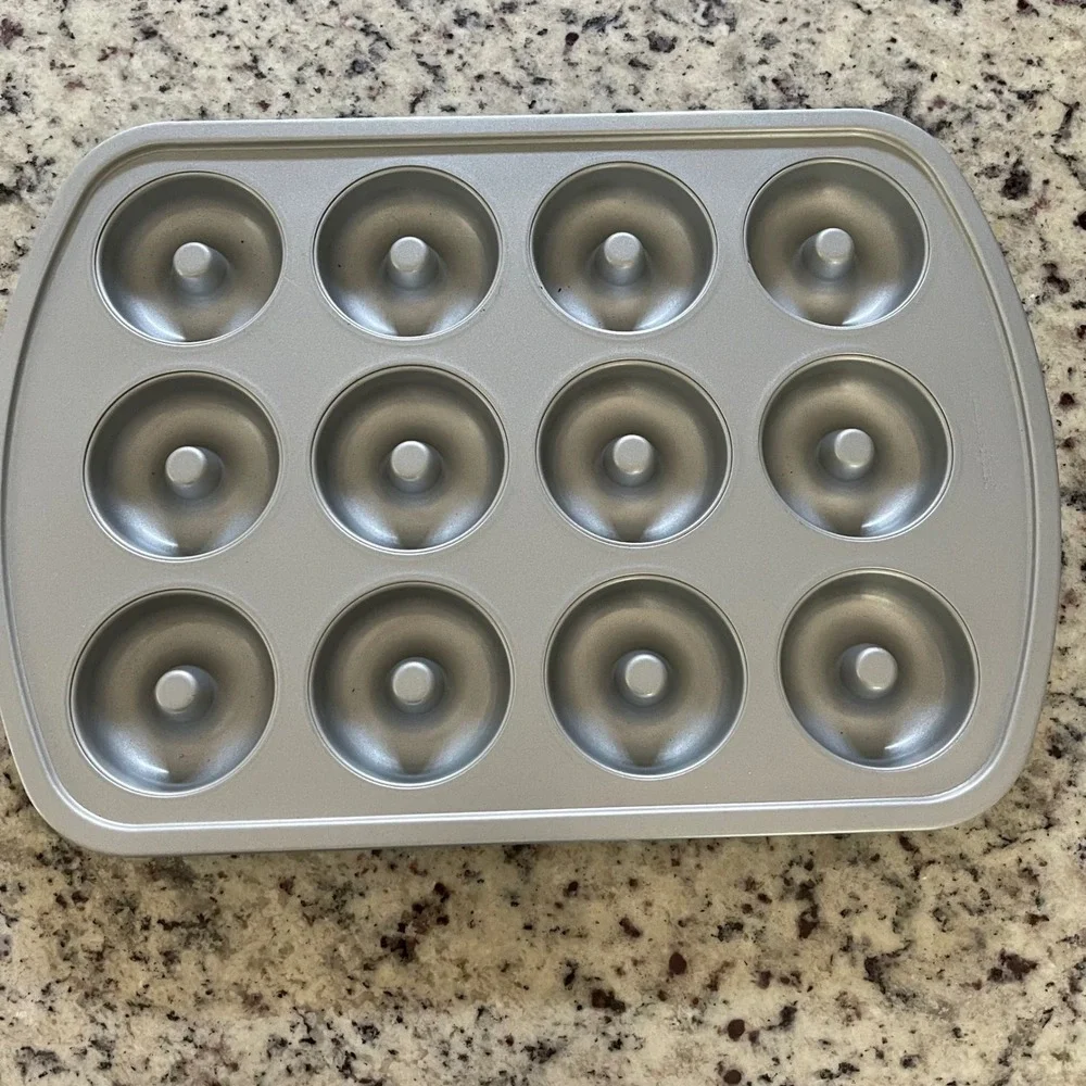 Pampered Chef Donut Baking Pan 12 Cavity Silver Blue Kitchen Non-Stick Steel